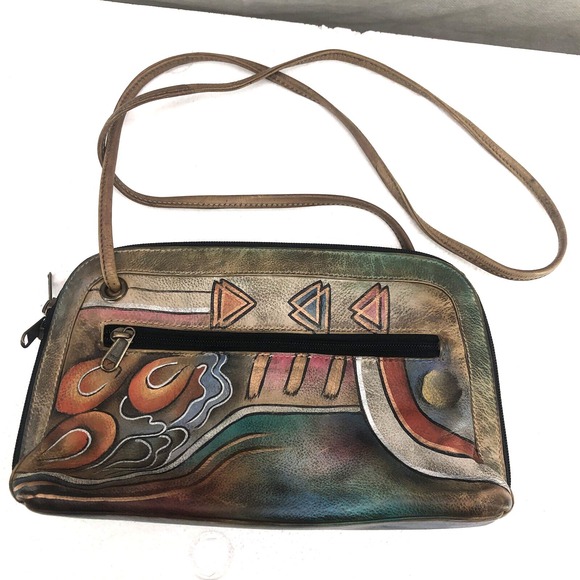 Anuschka Women's Hand Painted Leather Multicolored Crossbody Bag. - Picture 4 of 16